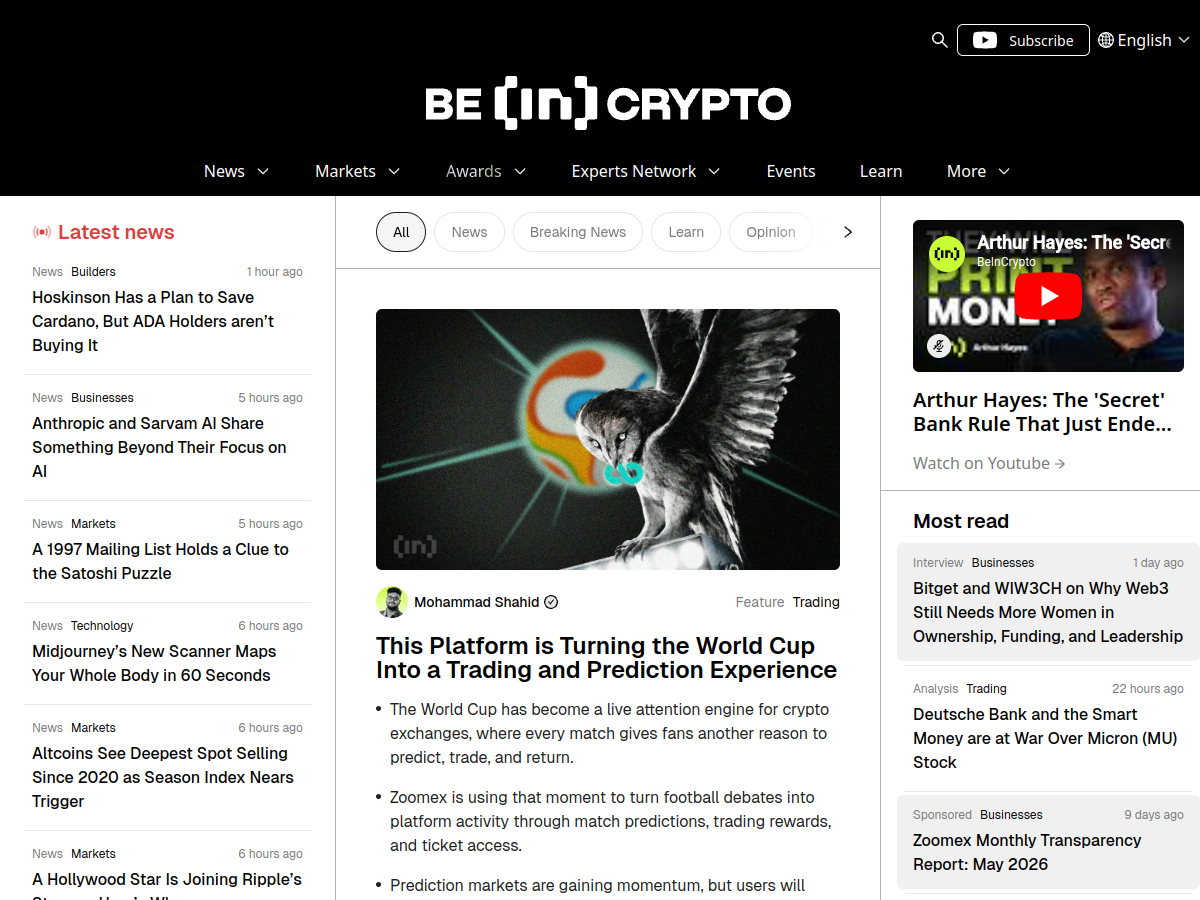 BeInCrypto homepage screenshot