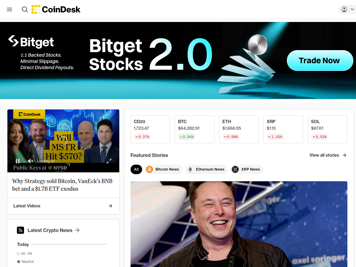 CoinDesk homepage screenshot