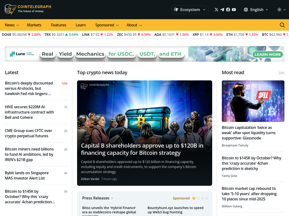 Cointelegraph homepage screenshot