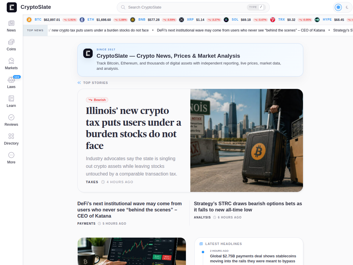 CryptoSlate homepage screenshot